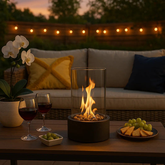 Compact Indoor Fire Pit with Glass and Metal Frame - Ortekor