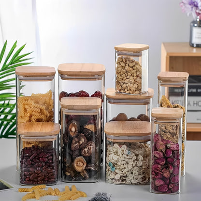 Récipient en verre transparent avec couvercle en bois, style simple