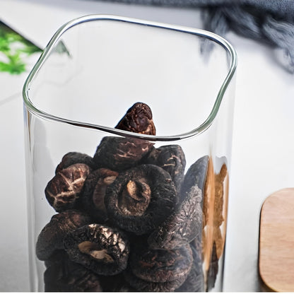 Récipient en verre transparent avec couvercle en bois, style simple