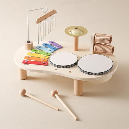 Station musicale en bois pour enfants - Xylophone, tambours et clochette, jouet d'éveil pour tout-petits de 3 ans et plus