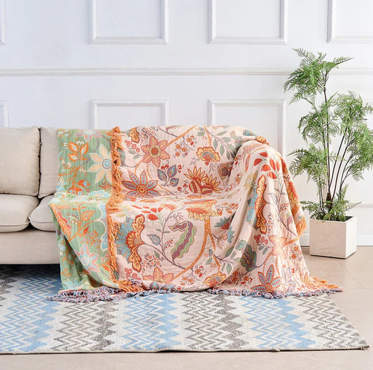 Colorful Floral Blanket with Bohemian Tassel Trim - Ortekor