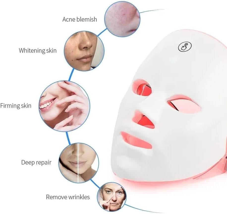 Masque Facial LED Rechargeable 7 Couleurs avec Sangles Réglables
