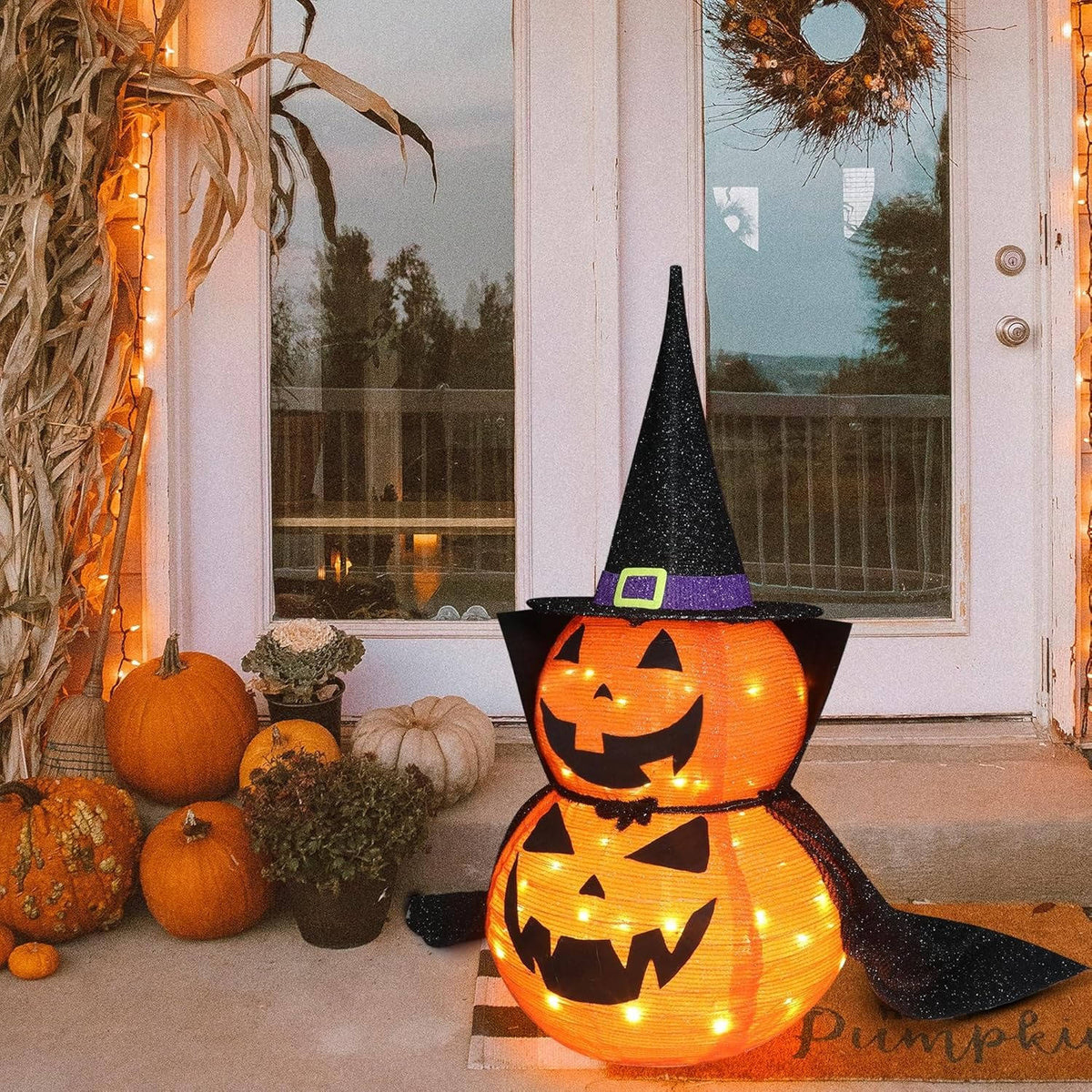 Citrouilles d'Halloween 90 cm, lot de 2, décorations de citrouilles lumineuses avec chapeau et cape, citrouilles géantes pliables pour décoration d'Halloween en extérieur