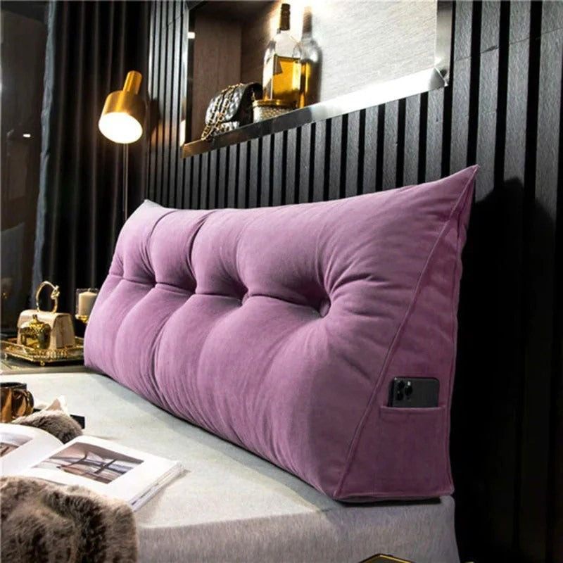 Upholstered Wedge Pillow for Sitting Up in Bed Gray Linen Triangular Back Support with Storage Pocket Bedroom Wall Cushion