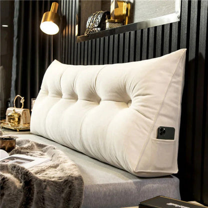 Upholstered Wedge Pillow for Sitting Up in Bed Gray Linen Triangular Back Support with Storage Pocket Bedroom Wall Cushion