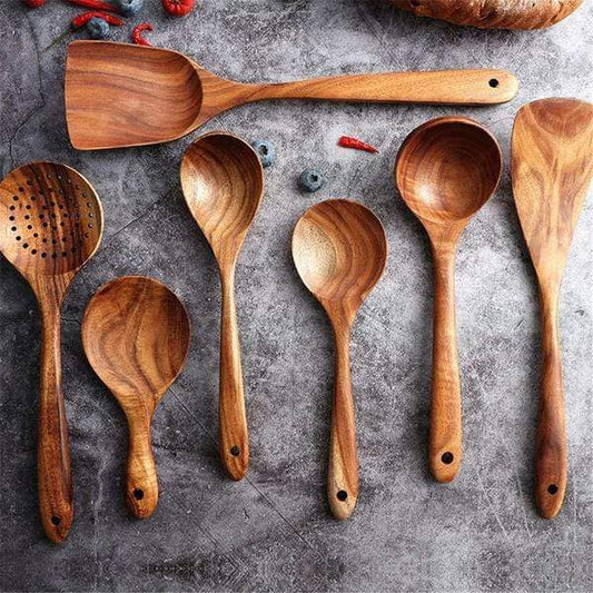7-Piece Teak Wood Cooking Utensil Set – Natural Kitchen Tools for Non-Stick Cookware, Eco-Friendly Spatula Ladle Turner Spoon Collection