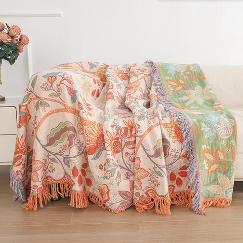 Ravelle Boho Blanket - 100% Cotton, Floral Design with Fringe