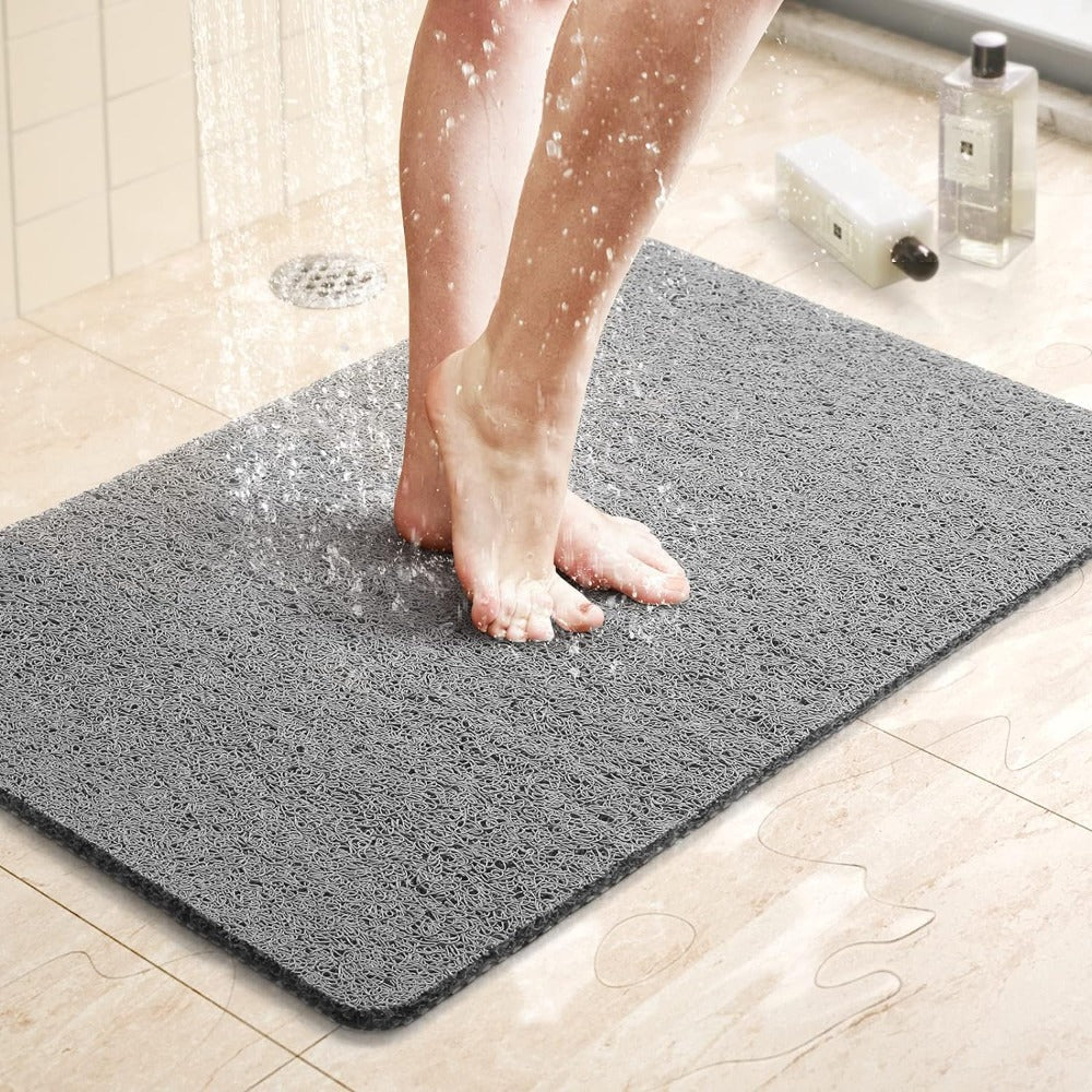 Anti-Slip Bath Mat with Fast-Draining Holes, Soft Grip Texture, Gray Vinyl Surface for Wet Floors, Customizable Trimming for Showers, Bathro