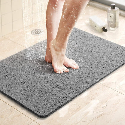 Anti-Slip Bath Mat with Fast-Draining Holes, Soft Grip Texture, Gray Vinyl Surface for Wet Floors, Customizable Trimming for Showers, Bathro