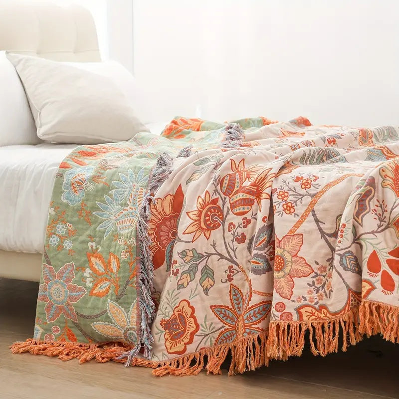 Cotton Throw Blanket with Tassels Floral Pattern Cream Orange Blue for Sofa Couch Bed Living Room Bedroom Bohemian Home Decor Lightweight