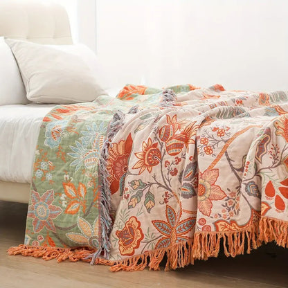 Cotton Throw Blanket with Fringe Tassels Floral Pattern Orange Blue Cream Bohemian Style Couch Sofa Bed Home Decor for Living Room Bedroom