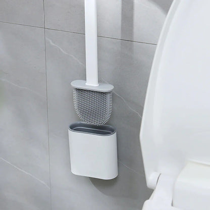 Wall-Mount Silicone Toilet Brush Set White Quick-Dry Flexible Head Hygienic Bathroom Cleaner Compact Space-Saver for Guest Bath En-Suite Mod