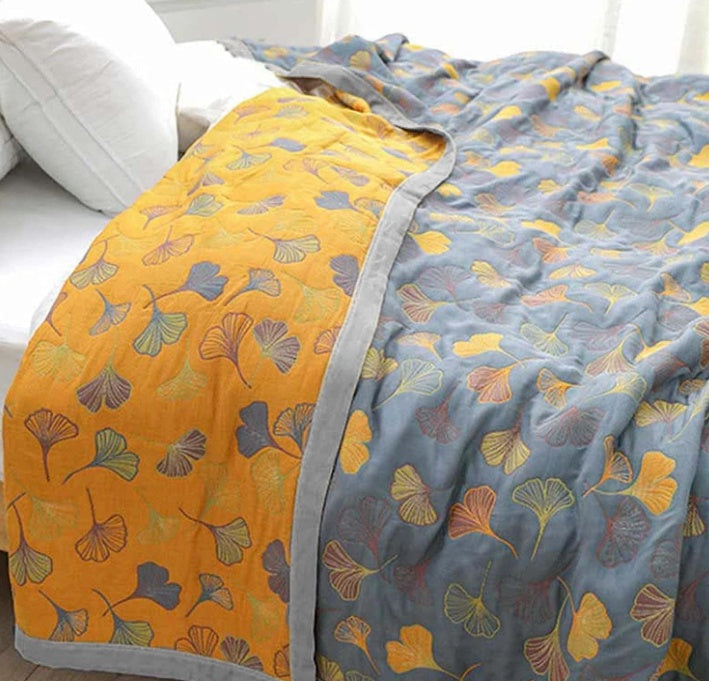 Reversible Ginkgo Leaf Throw Blanket Yellow Blue Botanical Print Soft Quilt for Couch Bed Sofa Beach Picnic Home Decor for Living Room