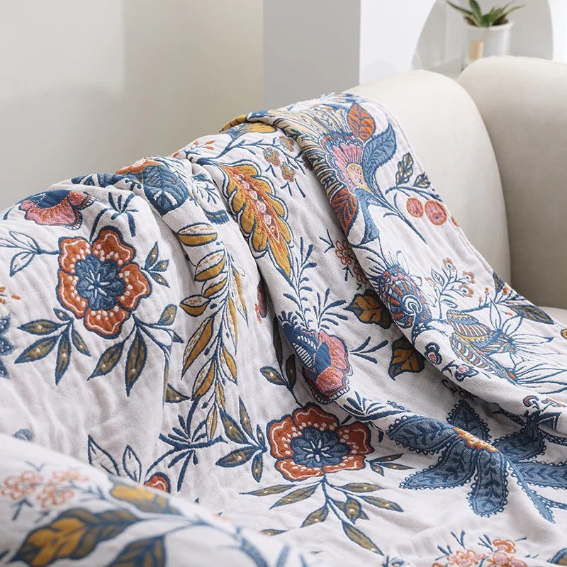 Reversible Floral Cotton Throw Blanket with Tassels – Jacquard Woven All-Season Sofa Throw for Living Room & Bedroom Decor