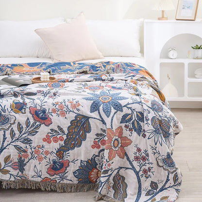 Reversible Floral Cotton Throw Blanket with Tassels – Jacquard Woven All-Season Sofa Throw for Living Room & Bedroom Decor