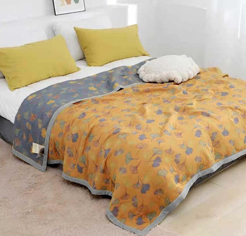 Couverture Glimmer - Coton réversible, motif feuilles de ginkgo
