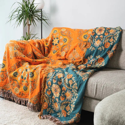 Reversible Cotton Throw Blanket with Floral Pattern Orange & Teal for Couch Sofa Bed Picnic Beach Home Decor