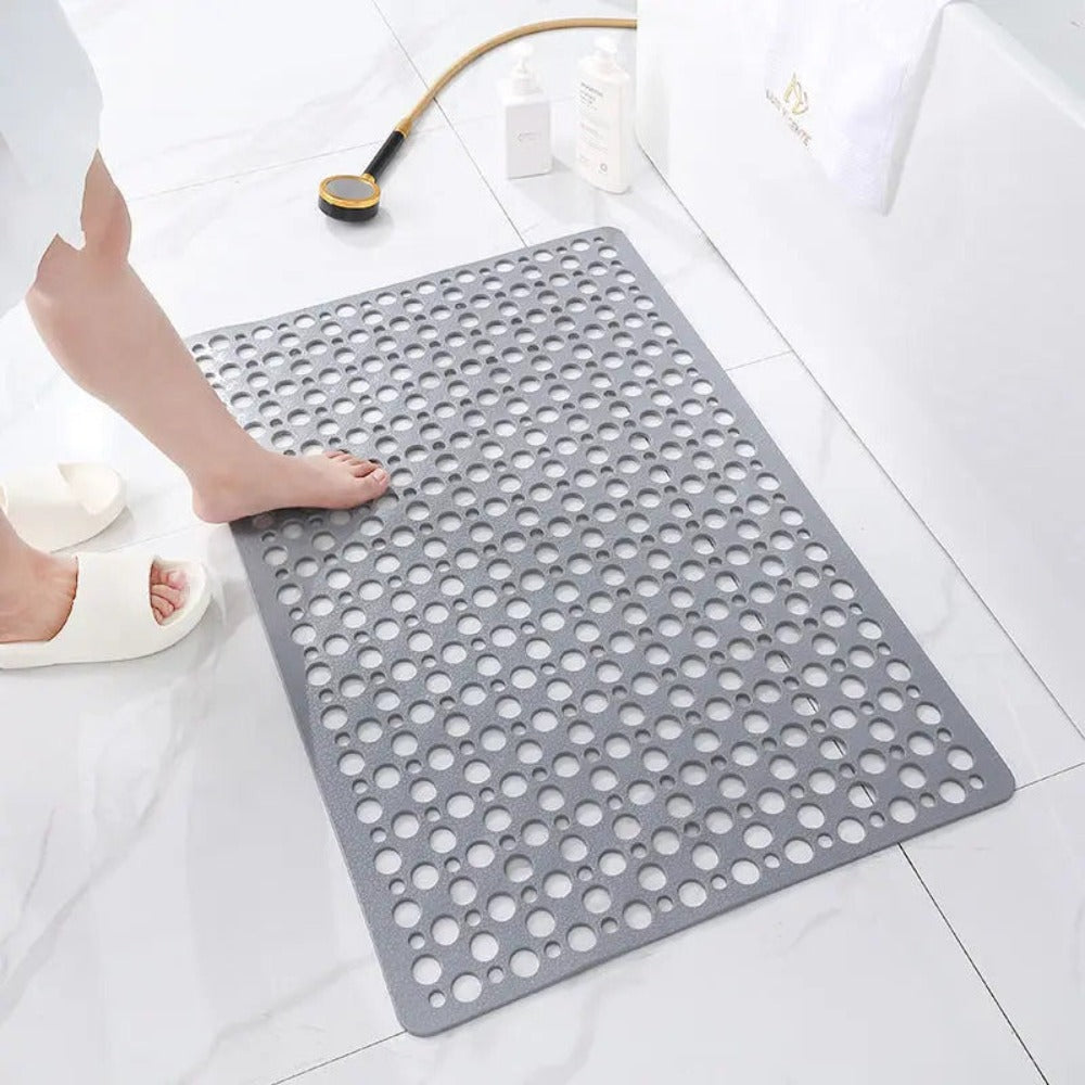 Non-Slip Bath Mat with Drainage Holes Gray 24x16 Inch PVC Quick-Dry Bathroom Safety Floor Liner for Shower Tub Wet Areas Home Spa Senior Acc