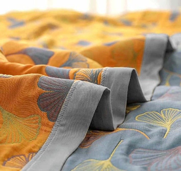 Reversible Cotton Throw Blanket with Botanical Leaf Print – Yellow & Blue Double-Sided Quilt for Couch, Bed, Picnic & Wall Hanging