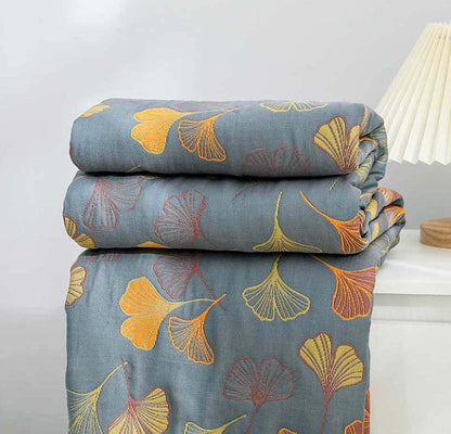 Reversible Cotton Throw Blanket with Botanical Leaf Print – Yellow & Blue Double-Sided Quilt for Couch, Bed, Picnic & Wall Hanging