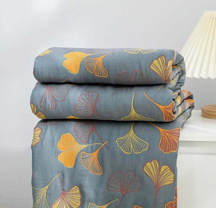 Reversible Ginkgo Leaf Throw Blanket Yellow Blue Botanical Print Soft Quilt for Couch Bed Sofa Beach Picnic Home Decor for Living Room