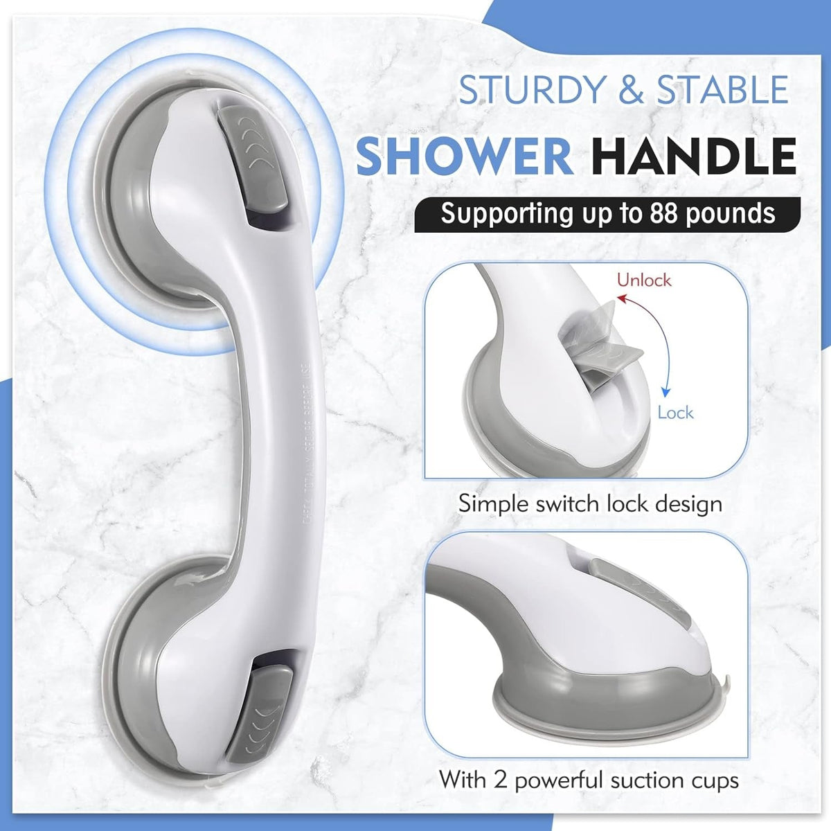 Suction Grab Bar for Shower & Bathtub – Non-Drill Bathroom Safety Handle with Anti-Slip Grip for Seniors & Balance Support