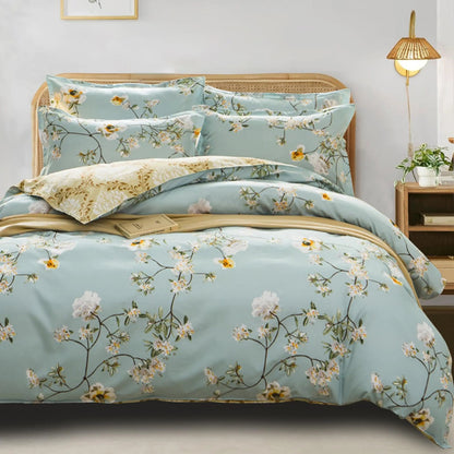 Botanical Cotton Comforter Cover Set with Reversible Floral Print for King Queen Single Beds – 4-Piece Bedding Kit with Pillow Shams