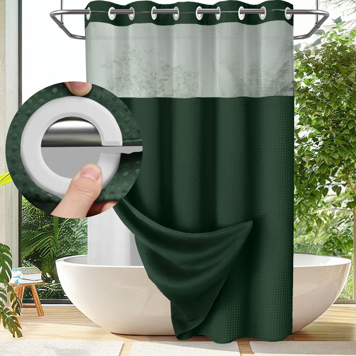 Hookless Shower Curtain with Built-In Snap Liner Waffle Weave Polyester Bathroom Curtain Easy Install No Rings Needed Quick Change Design