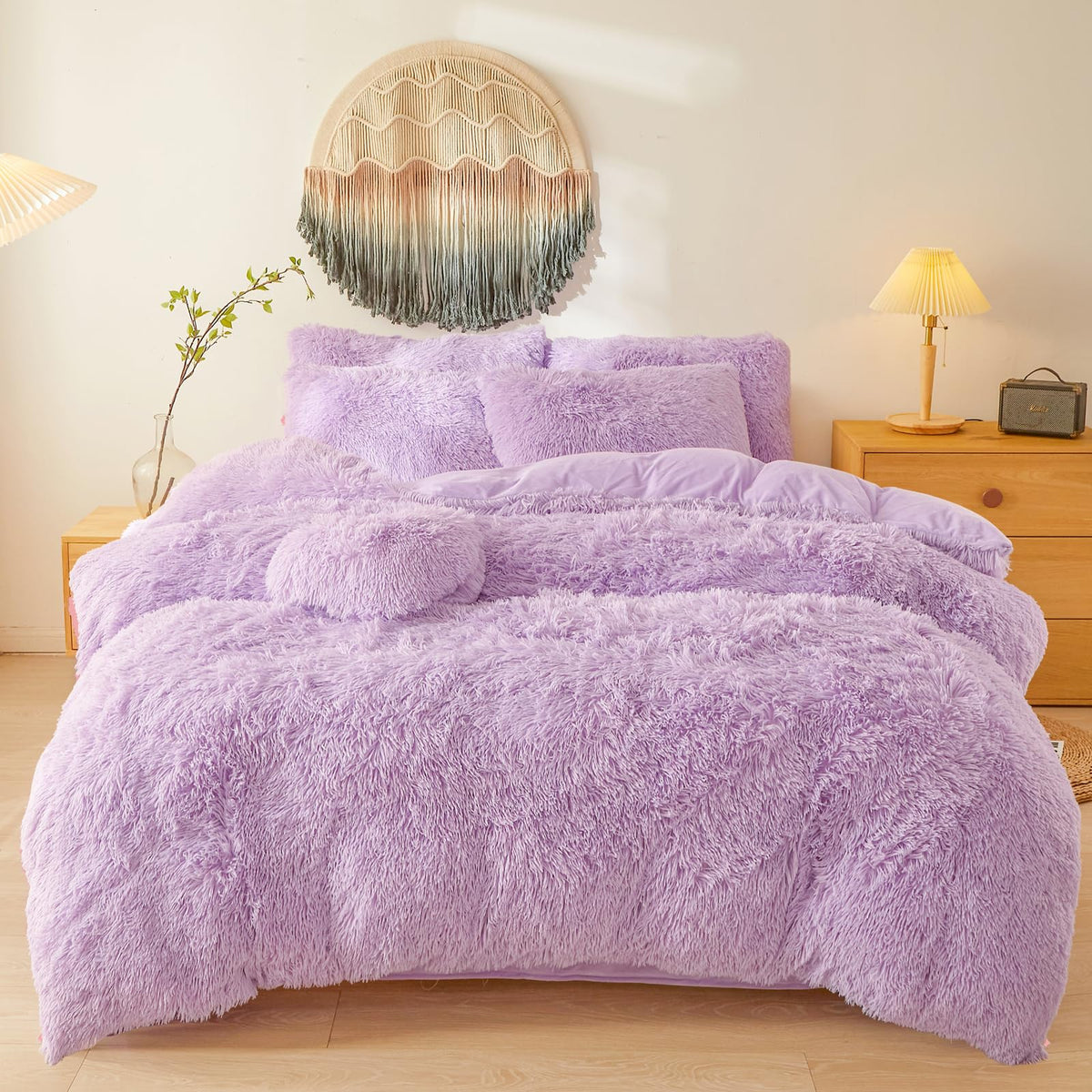Reversible Faux Fur Duvet Cover Set - Plush Shaggy & Velvet 4-Piece Bedding - Full Queen King