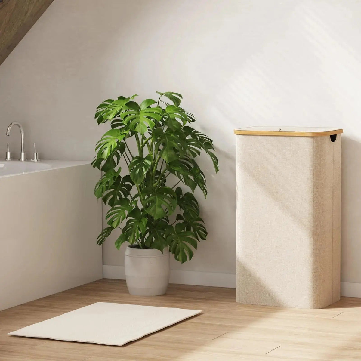 Collapsible Hamper with Cover & Removable Liner 100L Capacity for Bedroom Bathroom White Gray Black Bamboo Handles Upright Design