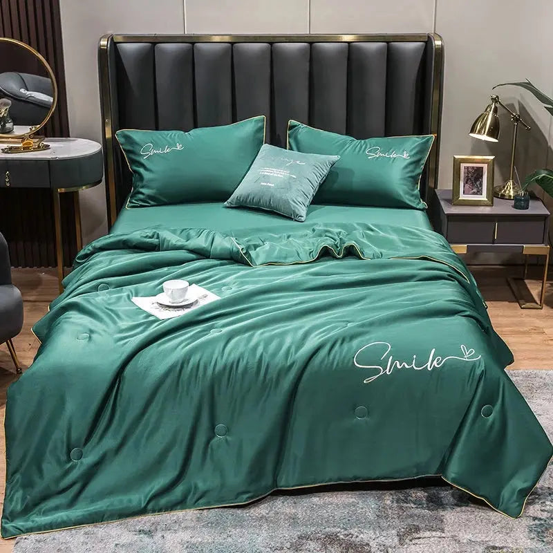 Lightweight Summer Quilt Set | 100% Washed Silk with Elegant Embroidered Design | Comfortable Cooling for Warm Nights