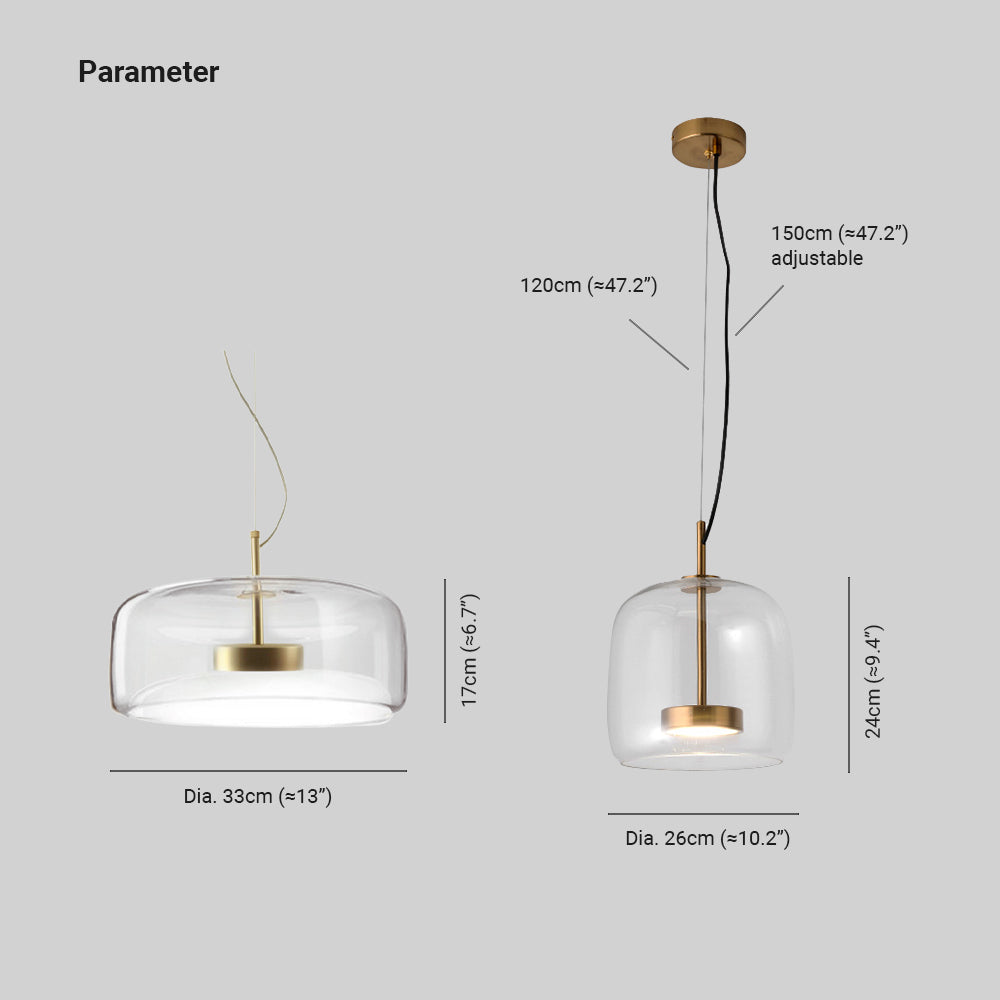 Glass Dome Overhead Light for Dining Tables 10-Inch with Brass Hardware Adjustable Drop Kitchen Island Suspended Fixture Clear See-Through S