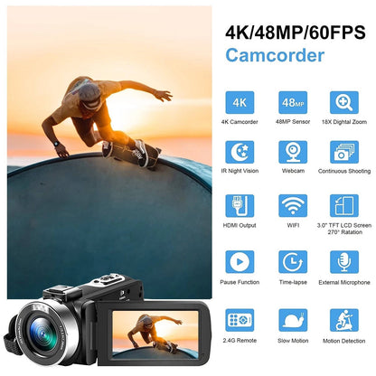 Caméra de vlogging Ultra HD | Photos 48 MP avec stabilisateur et connectivité WiFi | Idéale pour les voyages et les tutoriels