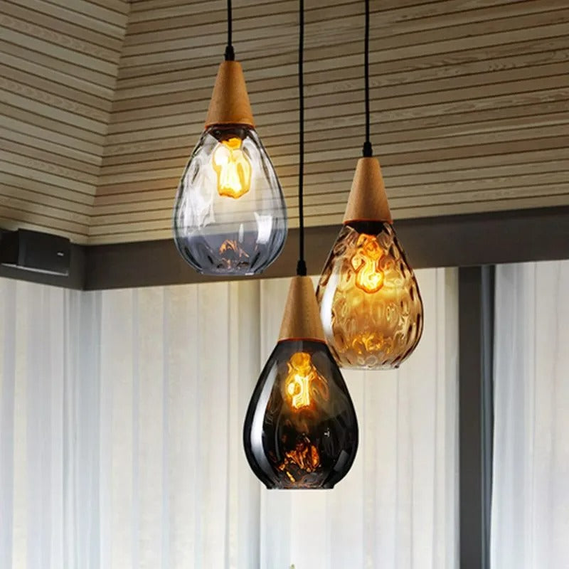 Glass & Wood Drop Ceiling Fixture with Adjustable Cord for Kitchen Island, Dining Room & Living Area | Hardwired E26 Socket | Indoor Overhea
