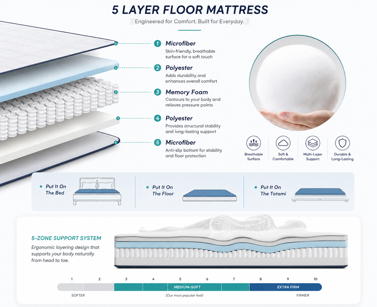 Matelas de sol pliable de 10 cm d'épaisseur, futon japonais enroulable, matelas pliant matelassé lavable