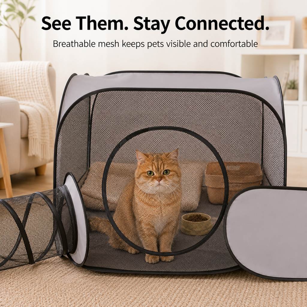 Ortekor Indoor Cat Playpen with Tunnel & Resting Tent for Safe Home Play - 3-Zone Enclosure for Cats & Kittens