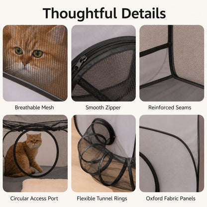 Ortekor Indoor Cat Playpen with Tunnel & Resting Tent for Safe Home Play - 3-Zone Enclosure for Cats & Kittens