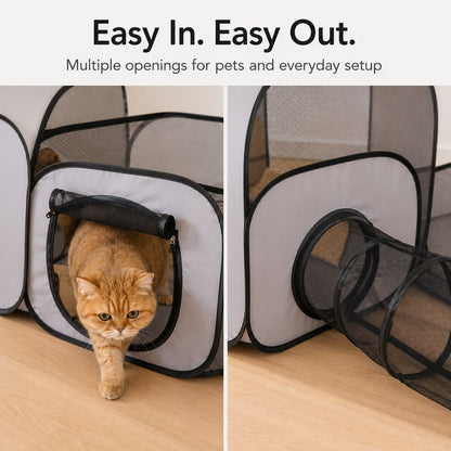 Ortekor Indoor Cat Playpen with Tunnel & Resting Tent for Safe Home Play - 3-Zone Enclosure for Cats & Kittens