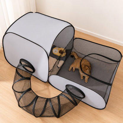 Ortekor Indoor Cat Playpen with Tunnel & Resting Tent for Safe Home Play - 3-Zone Enclosure for Cats & Kittens