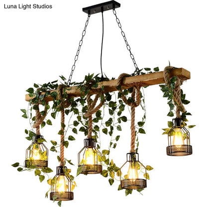 Five-Light Suspended Wood Fixture with Metal Guard for Dining Rooms, Kitchens & Living Spaces – Farmhouse Workshop Look