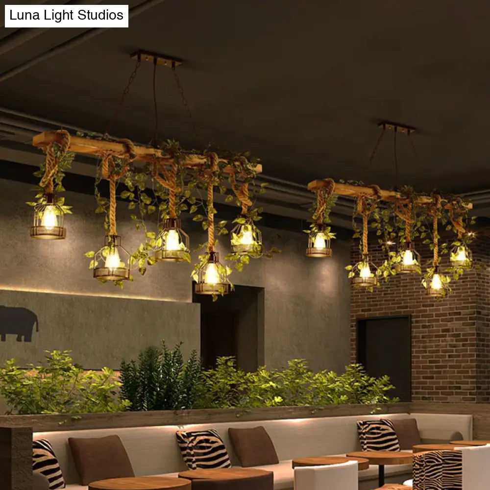 Five-Light Suspended Wood Fixture with Metal Guard for Dining Rooms, Kitchens & Living Spaces – Farmhouse Workshop Look