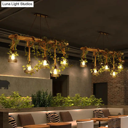 Five-Light Suspended Wood Fixture with Metal Guard for Dining Rooms, Kitchens & Living Spaces – Farmhouse Workshop Look