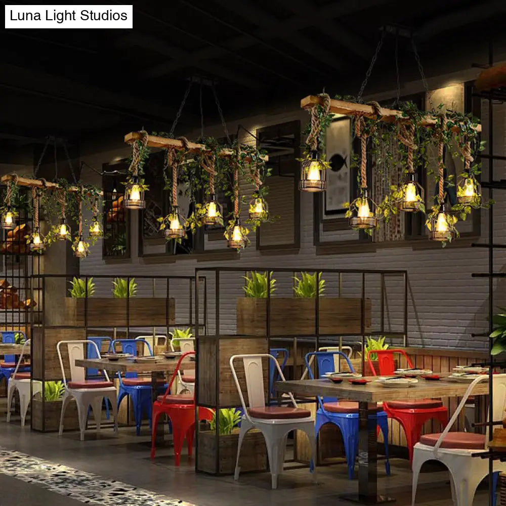 Five-Light Suspended Wood Fixture with Metal Guard for Dining Rooms, Kitchens & Living Spaces – Farmhouse Workshop Look