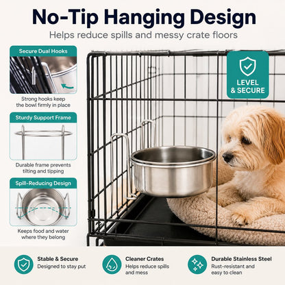 Ortekor Inside-Crate Stainless Steel Hanging Pet Bowl for Dogs & Cats - No-Tip Food & Water Bowl for Kennels