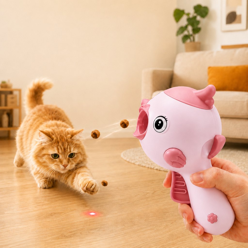 Ortekor Interactive Cat Treat Launcher Toy with Laser - Indoor Cat Enrichment Game for Bored Cats, Exercise & Feeding Fun