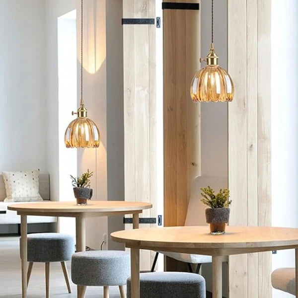 Glass Drop Ceiling Light E27 Socket Amber Shade for Kitchen Island Dining Room Hallway Living Room Retro Tulip Hanging Fixture Modern Farmho
