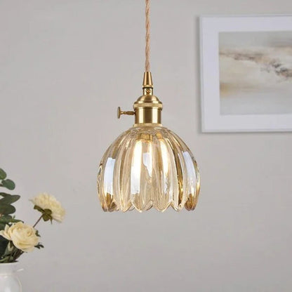 Glass Drop Ceiling Light E27 Socket Amber Shade for Kitchen Island Dining Room Hallway Living Room Retro Tulip Hanging Fixture Modern Farmho