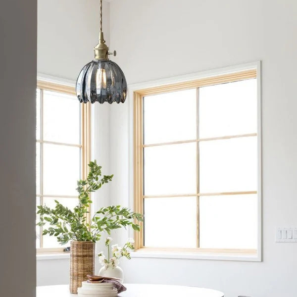 Hanging Ceiling Light Fixture with Floral Glass Shade E27 Socket for Kitchen Dining Room Bedroom Ambient Illumination Decor