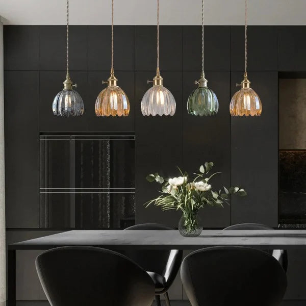 Glass Drop Ceiling Light E27 Socket Amber Shade for Kitchen Island Dining Room Hallway Living Room Retro Tulip Hanging Fixture Modern Farmho