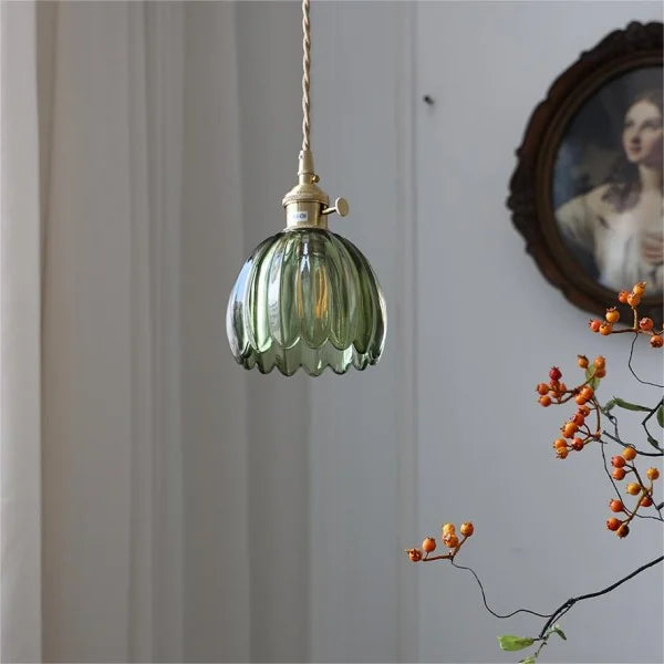 Glass Drop Ceiling Light E27 Socket Amber Shade for Kitchen Island Dining Room Hallway Living Room Retro Tulip Hanging Fixture Modern Farmho
